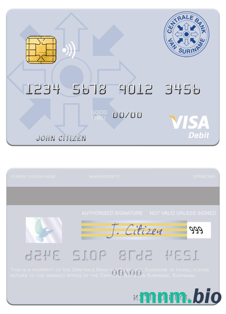 Suriname Centrale Bank van Suriname visa debet karta przykład w formacie PSD